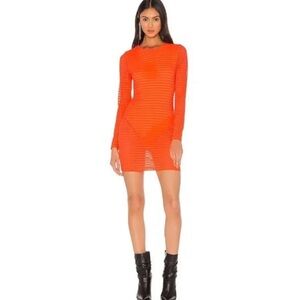 NWT H:ours Orange Mesh Striped Bodysuit Dress